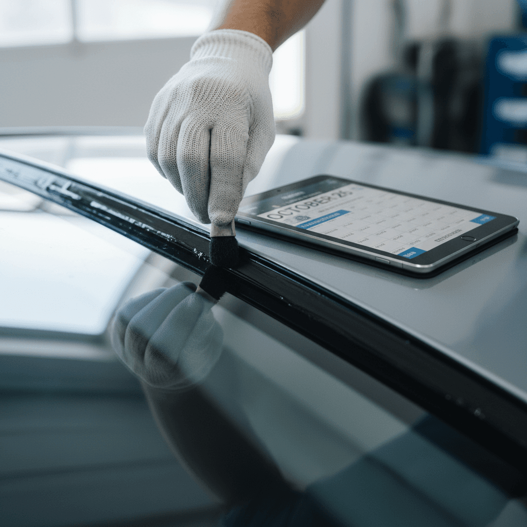 Technician applying primer to a windshield frame with a tablet nearby