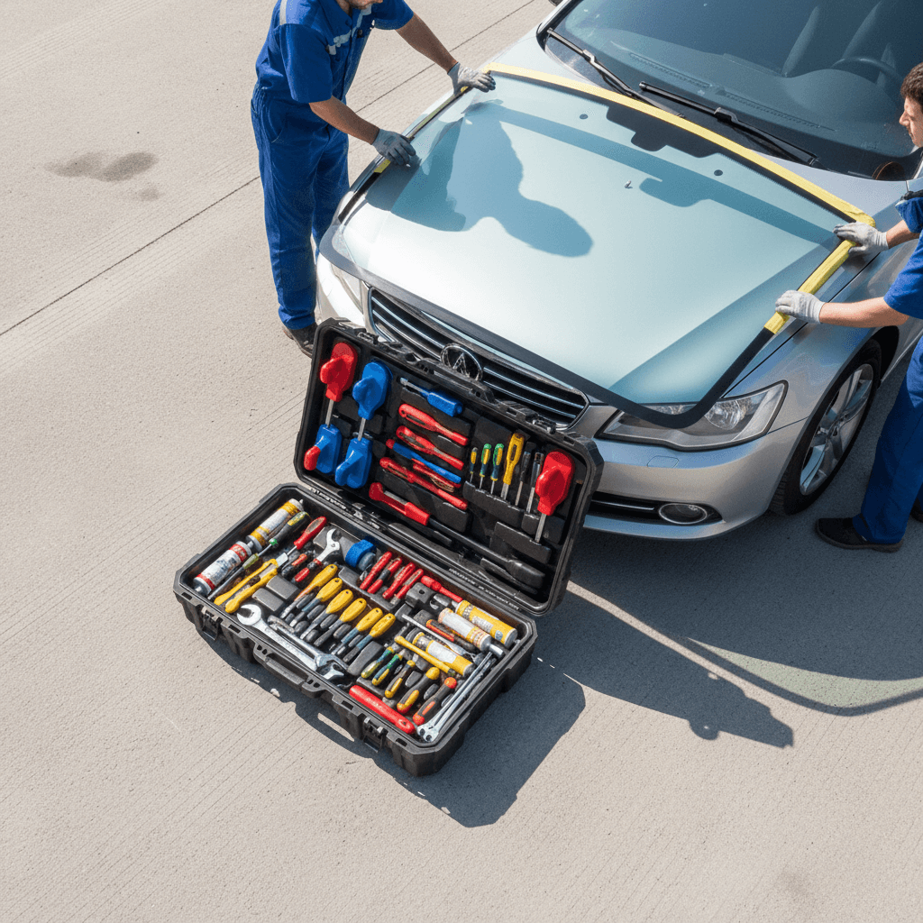 Organized auto glass tools laid out on the ground beside a car