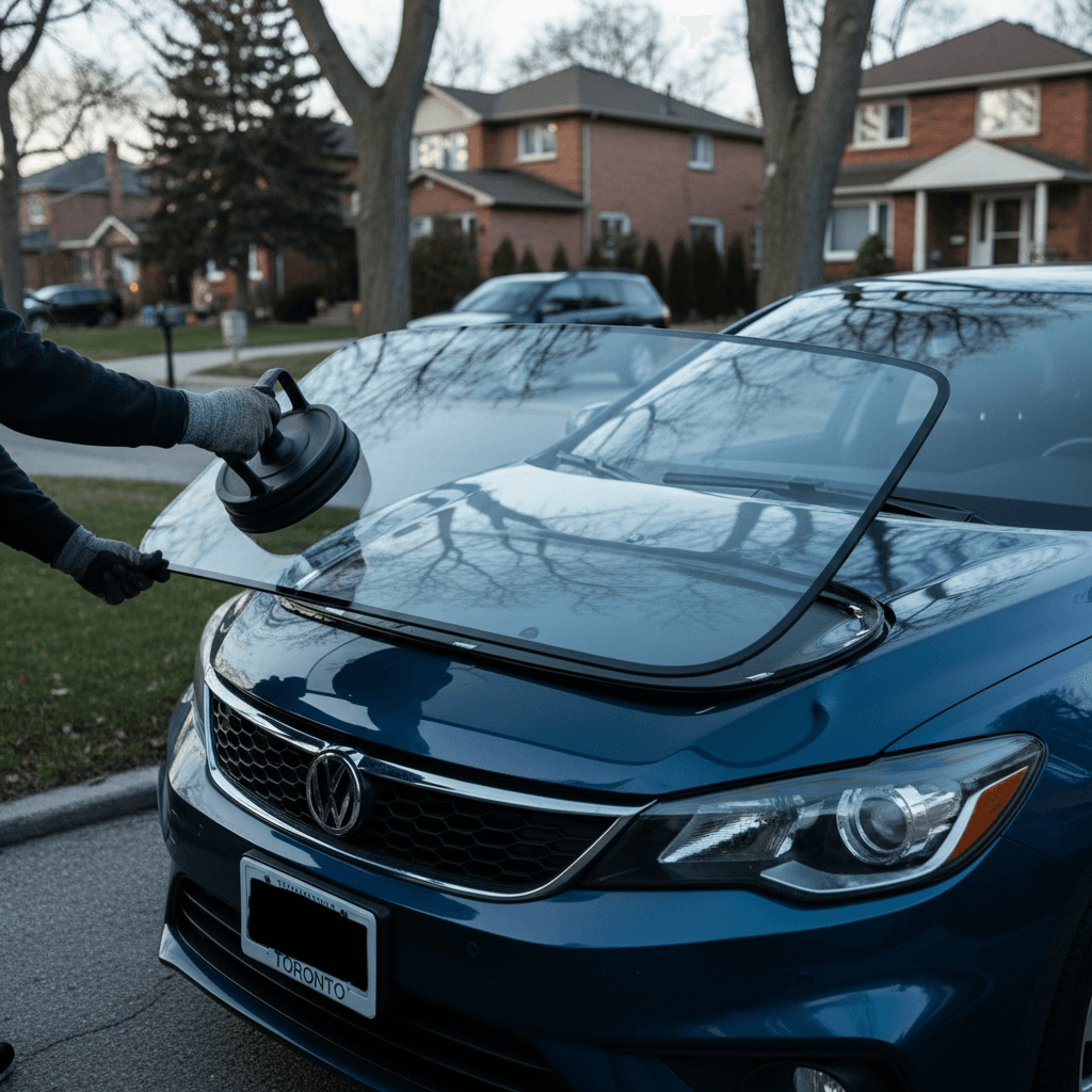 Technician's hands installing a car windshield with a suction cup tool