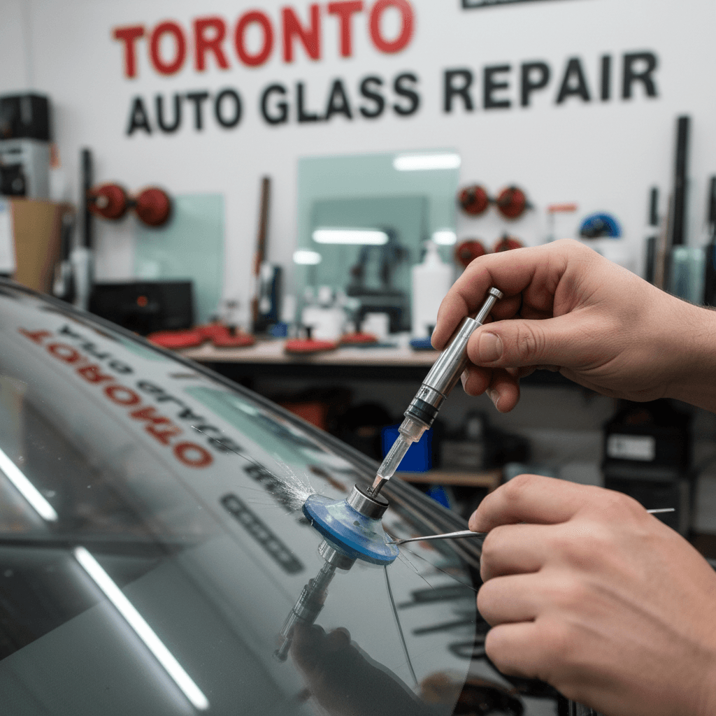 Technician inspecting a small chip in a car windshield