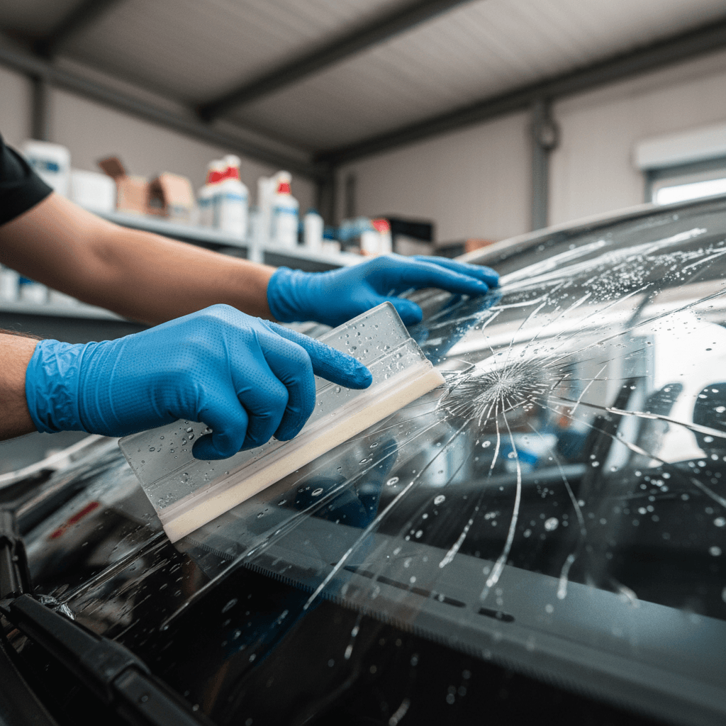 Technician's gloved hands applying protective film to vehicle windshield using squeegee tool with precision