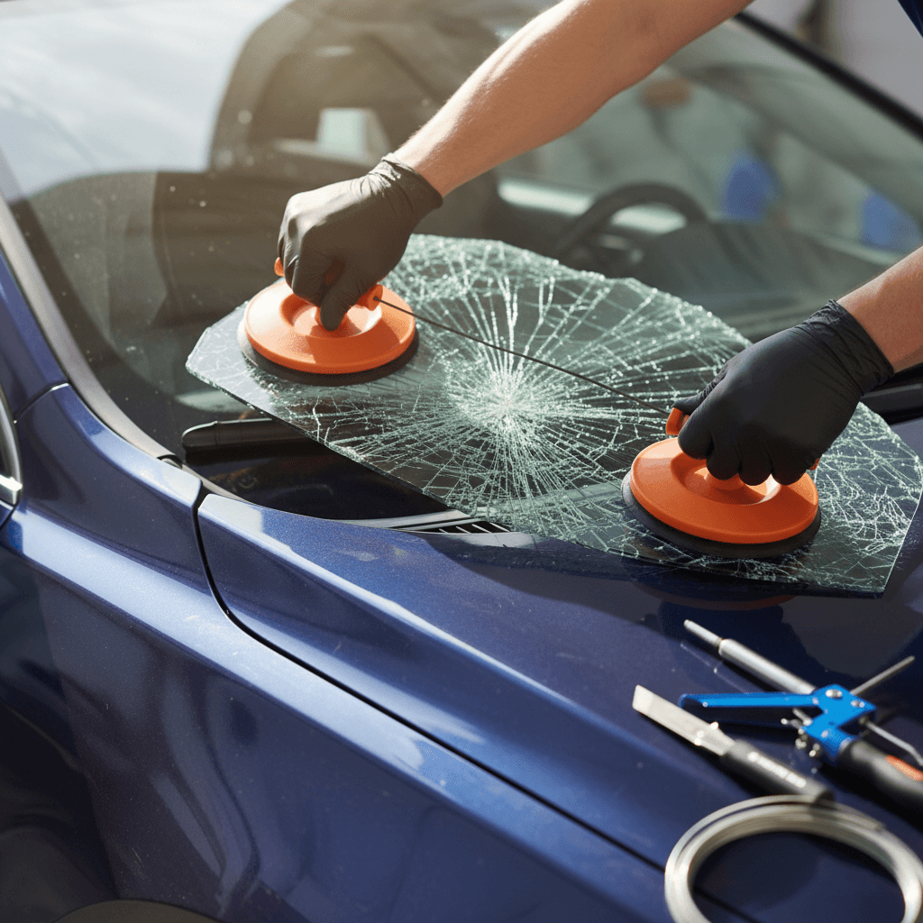 Technician's gloved hands using suction cup tools to carefully remove damaged windshield from vehicle