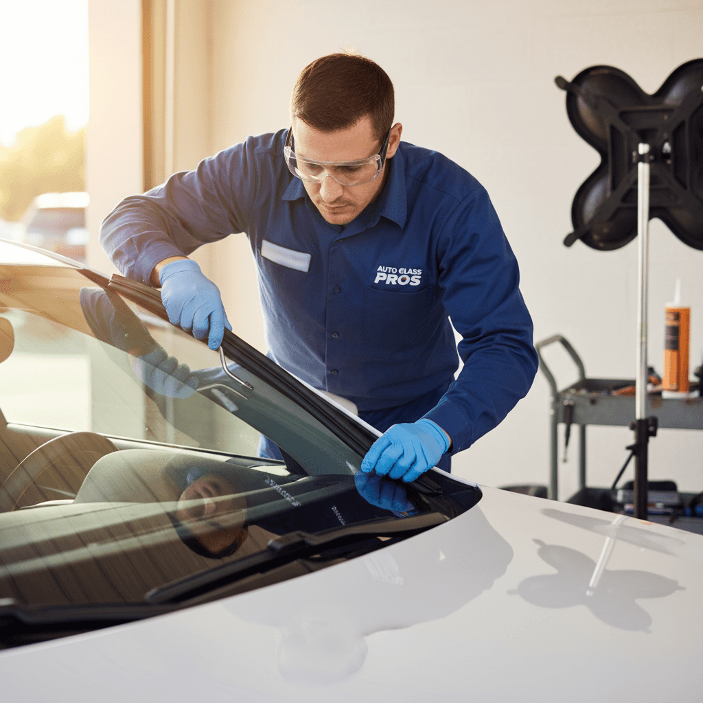 Technician professionally installing replacement windshield on vehicle with precision and safety focus