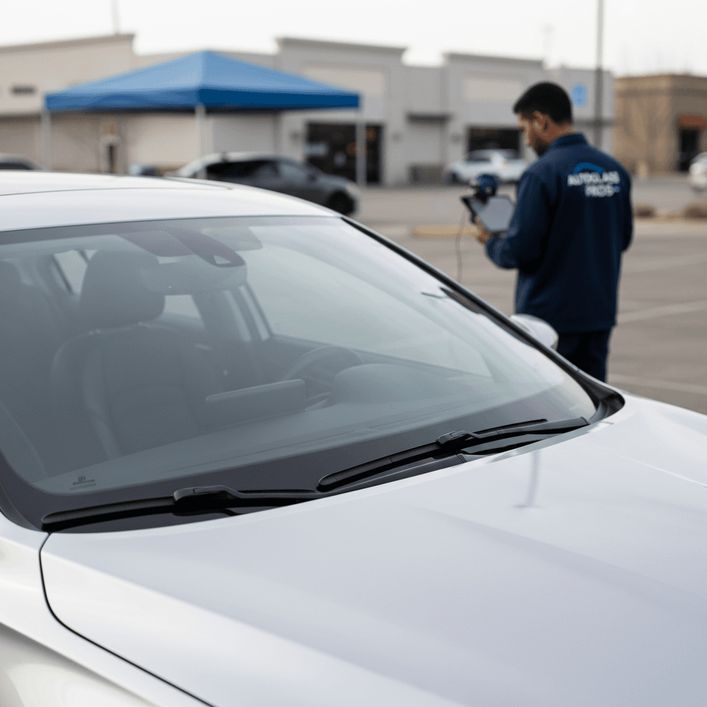 Completed windshield installation on sedan with technician conducting final safety sensor calibration inspection